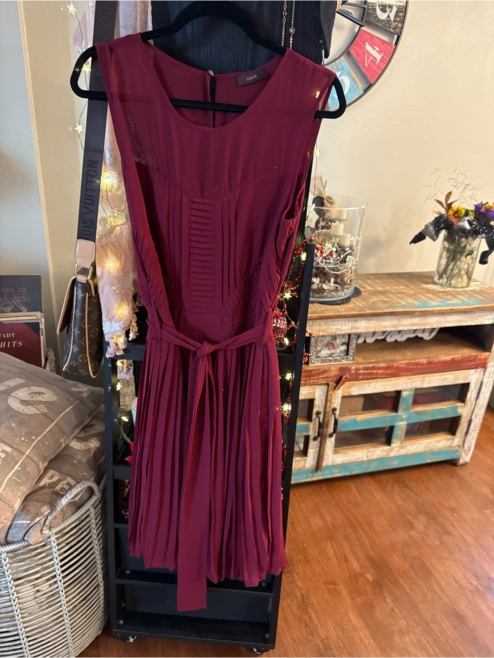 mark. Pleated Sleeveless Dress in Burgundy